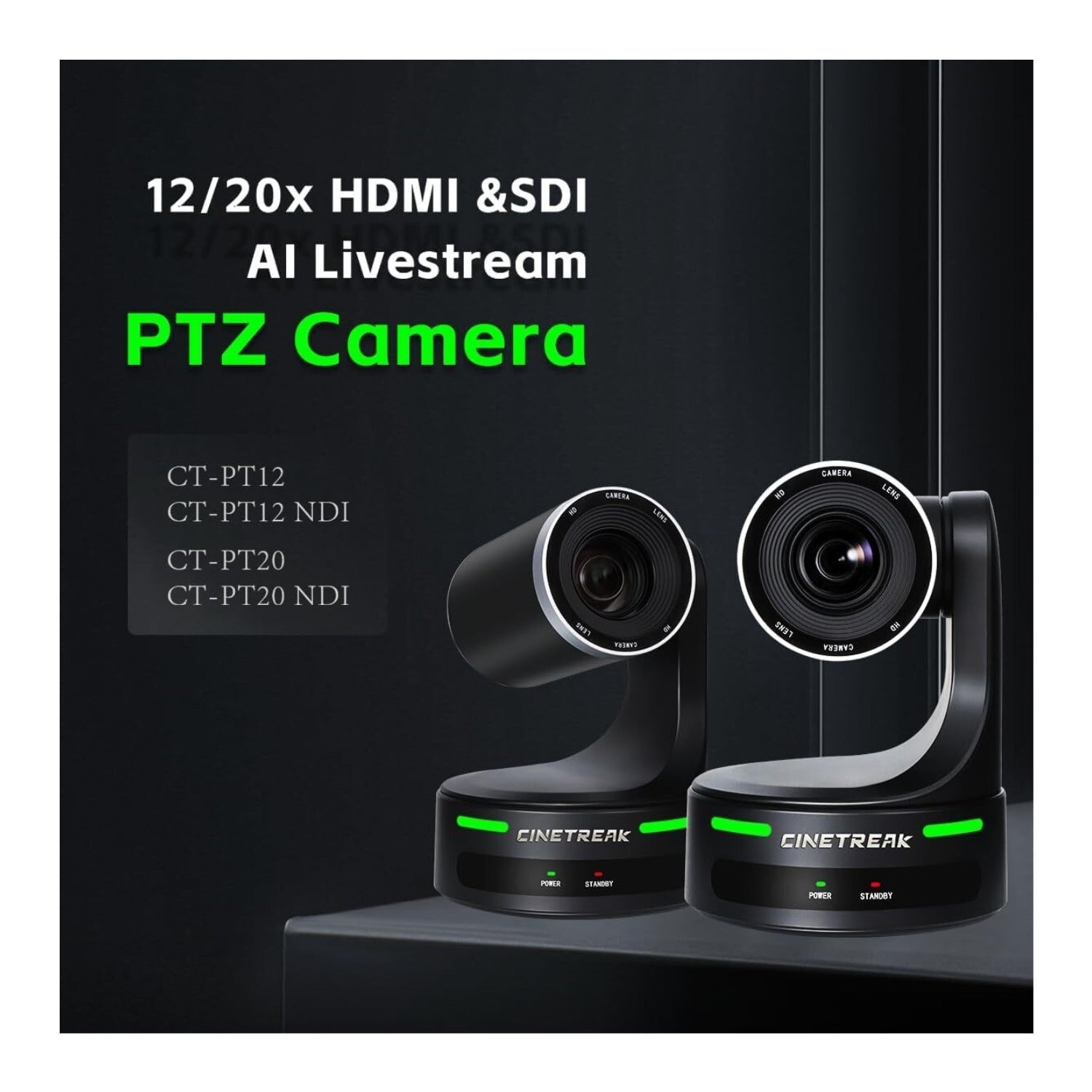 CineTreak CT-PT12NDI PTZ Camera - 1080p60, 12x Optical Zoom, AI Human Tracking