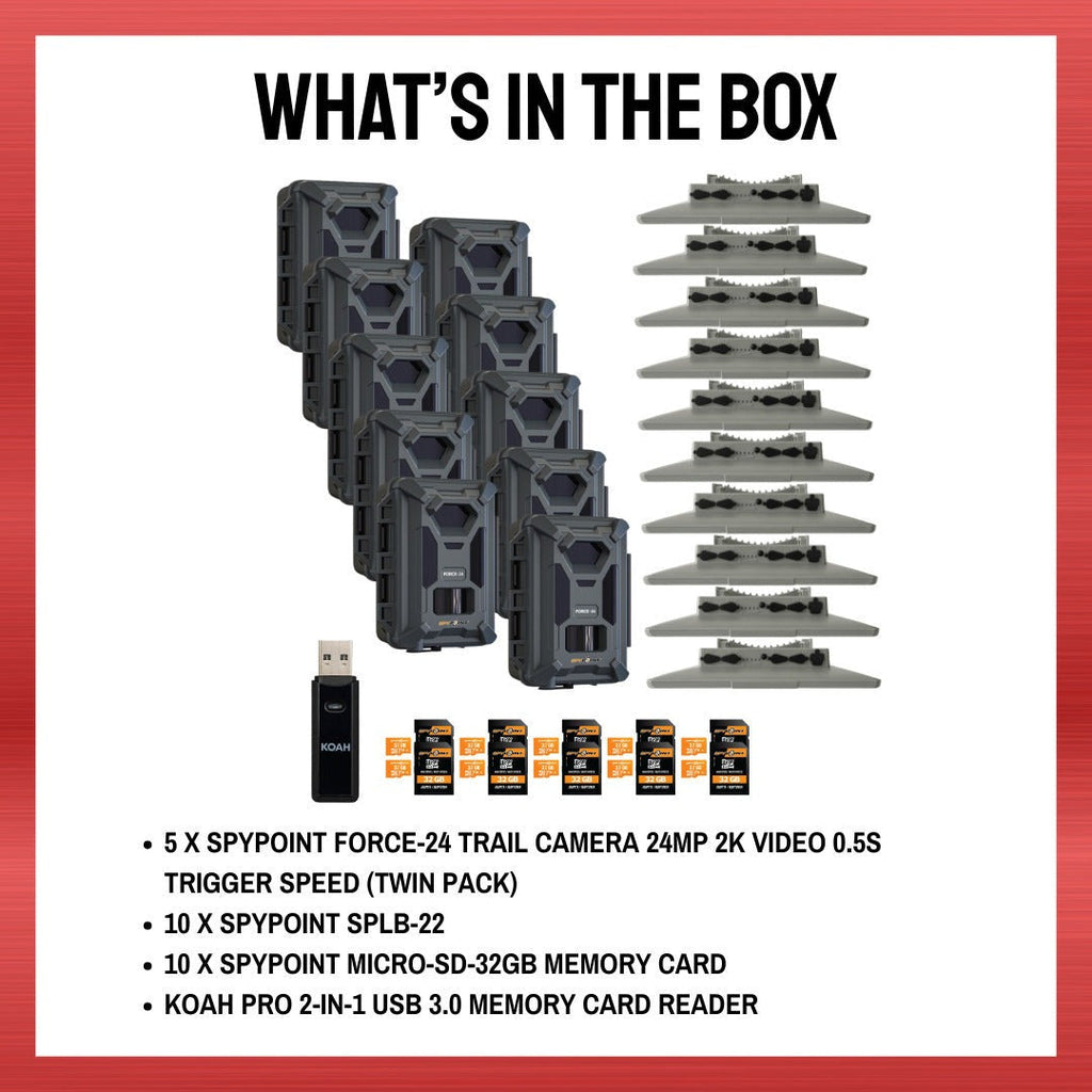 Spypoint Force-24MP Non-Cellular Trail Camera Bundle (10 Pack) with Accessories