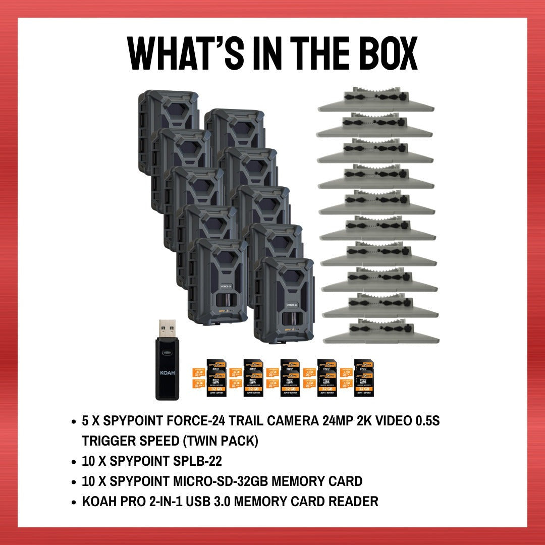 Spypoint Force-24MP Non-Cellular Trail Camera Bundle (10 Pack) with Accessories