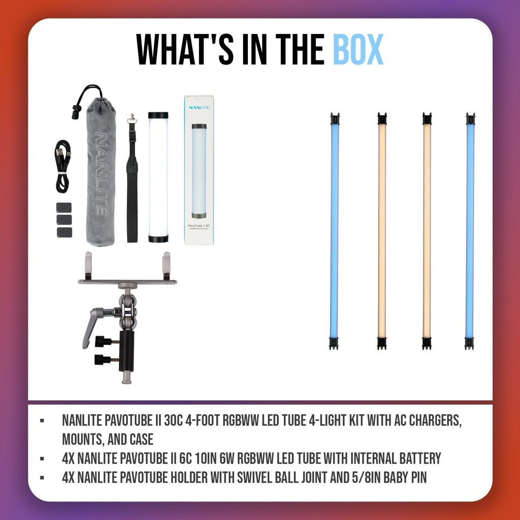 Nanlite PavoTube II 30C 4' LED Tube 4 Light Kit Bundle