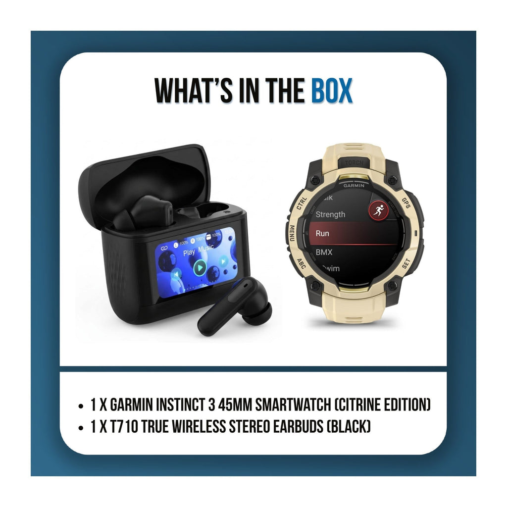Garmin Instinct 3 45mm AMOLED GPS Smartwatch (Citrine Limited Edition) Bundle with T710 Earbuds