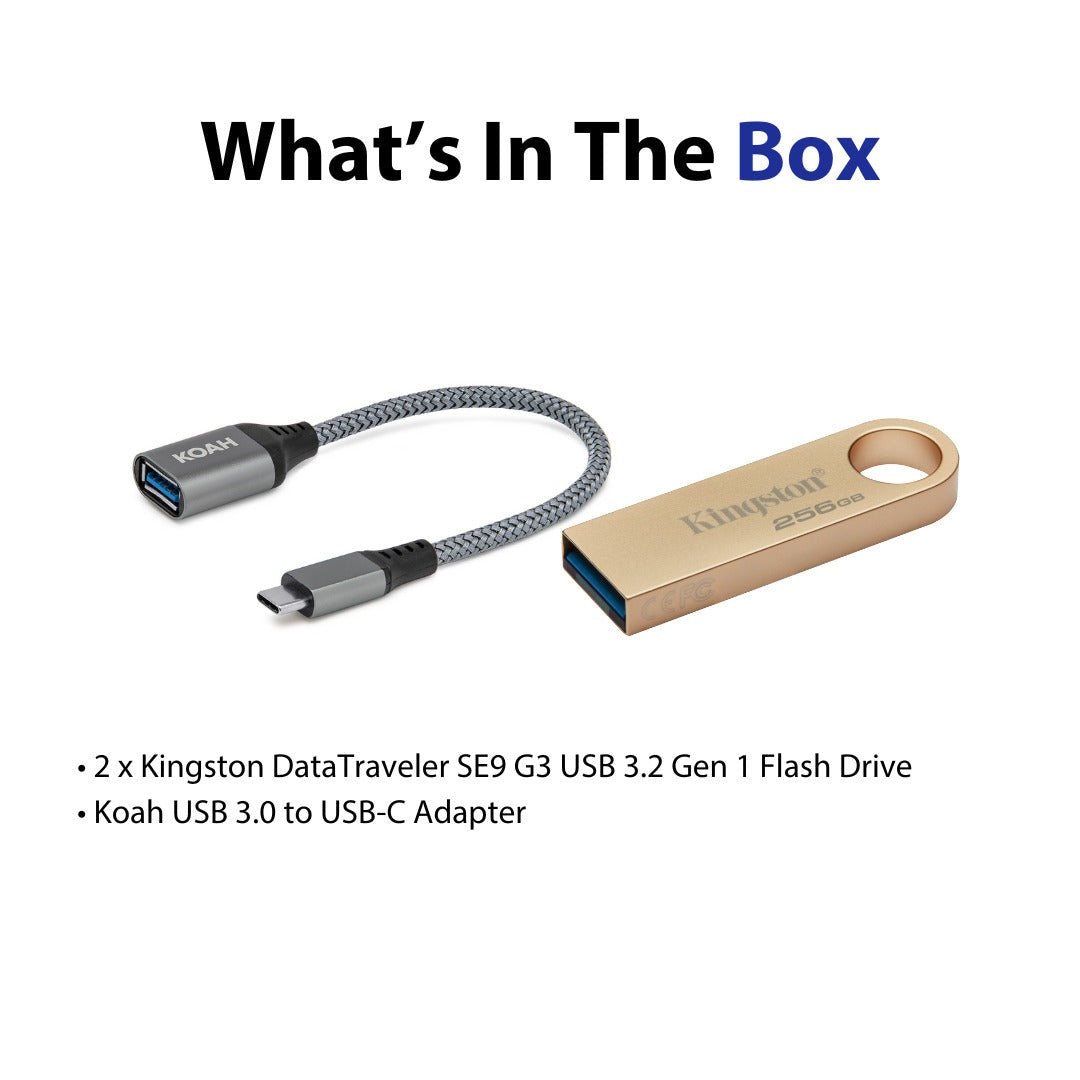 Kingston DataTraveler SE9 G3 USB 3.2 Gen 1 Flash Drive (256GB, 2-Pack) and Adapter Bundle