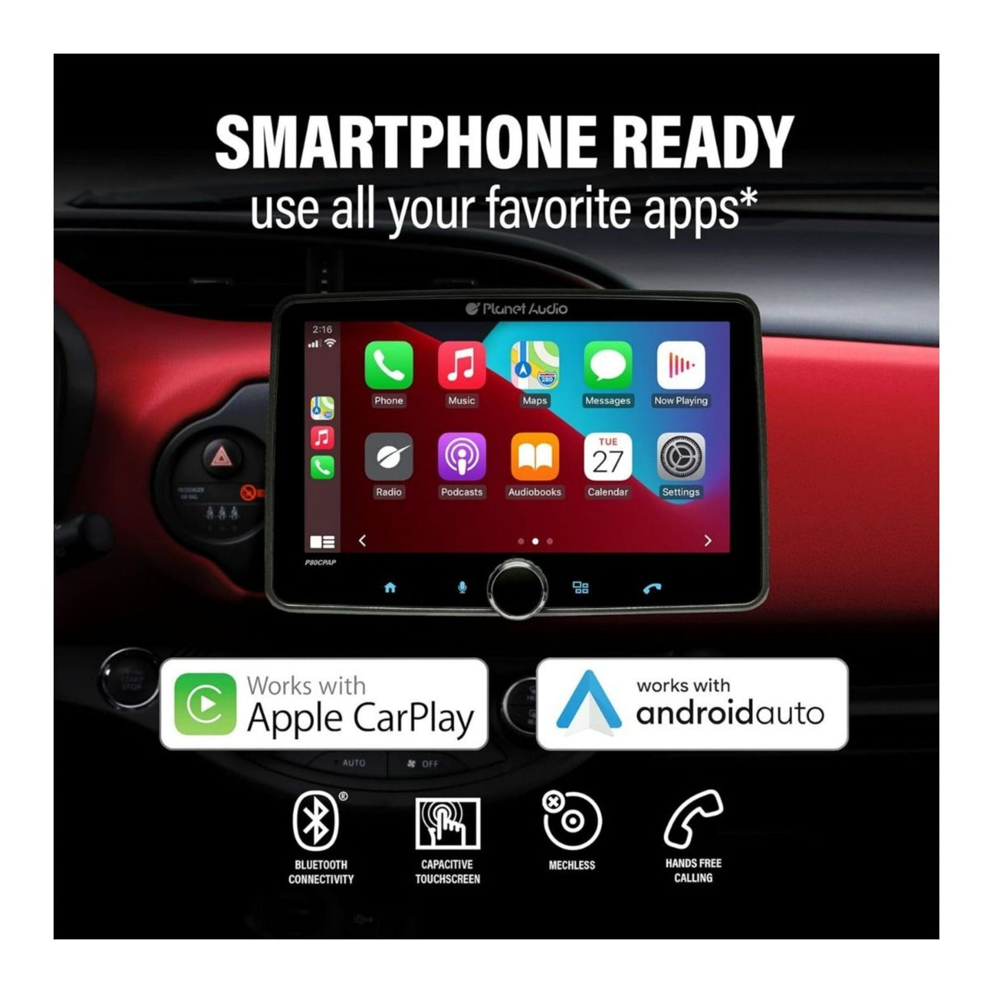 Planet Audio P80CPAP Single-DIN Mech-Less Car Stereo System with 8-Inch Touchscreen and Android Auto