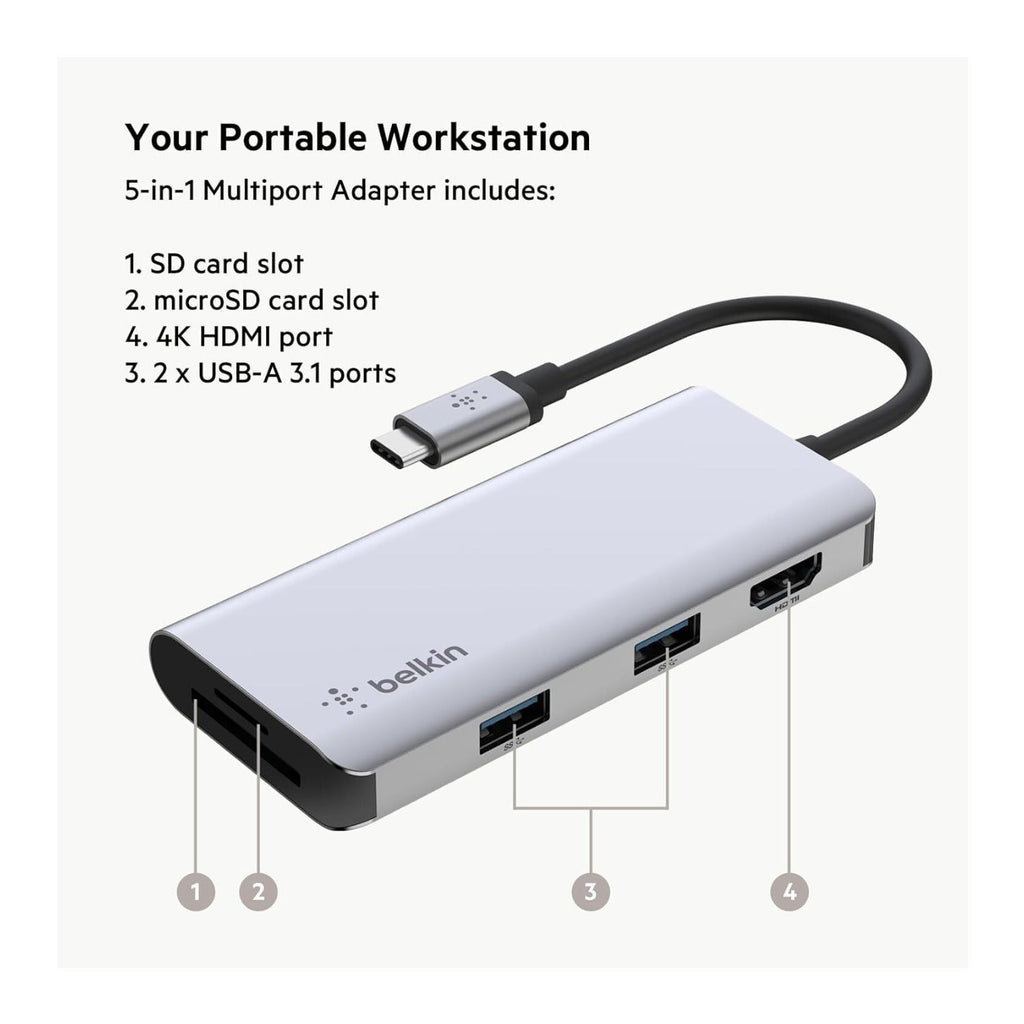 Belkin 5-in-1 MultiPort Docking Station USB-C Hub with 4K 5Gbps Aluminum Dock