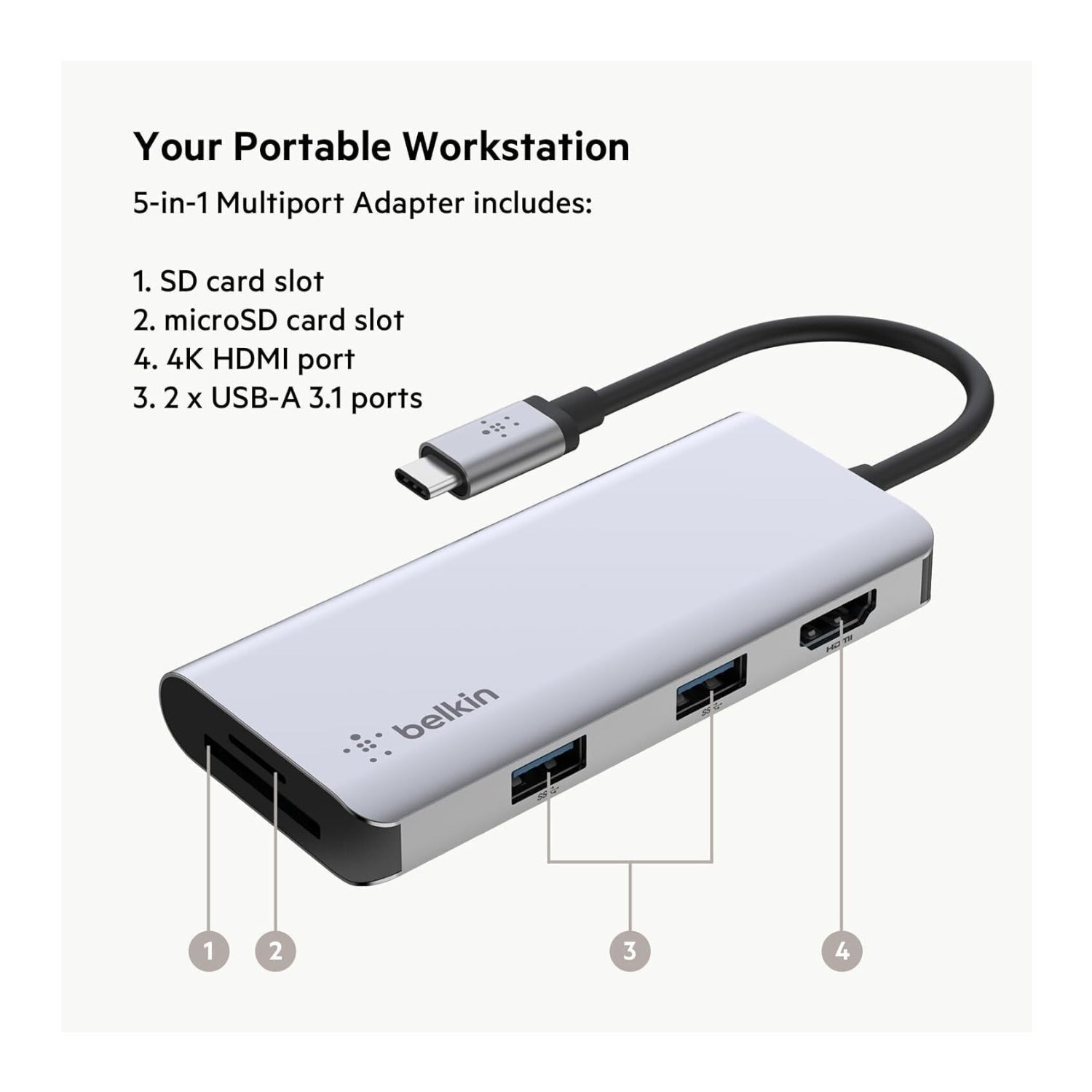 Belkin 5-in-1 MultiPort Docking Station USB-C Hub with 4K 5Gbps Aluminum Dock