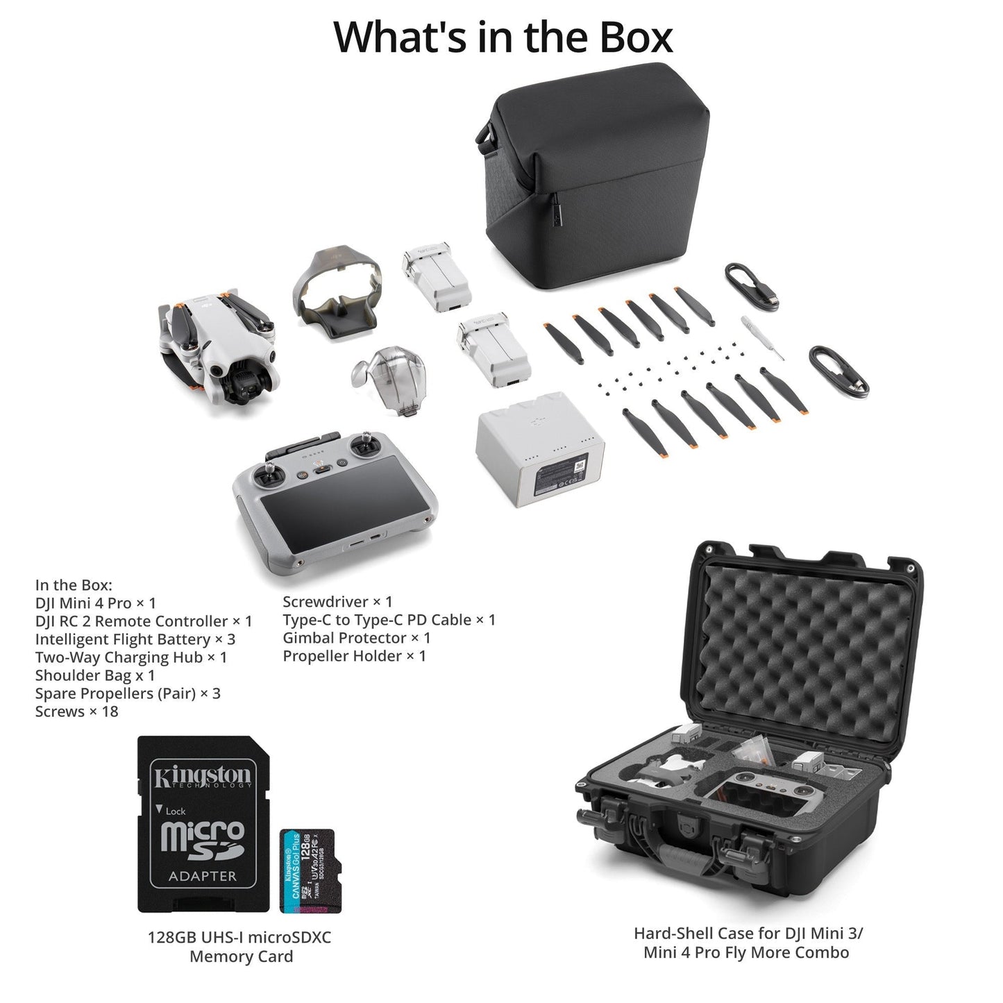 DJI Mini 4 Pro Fly More Combo (DJI RC 2) (GL) with Hard-Shell Storage Case and 128GB Memory Card
