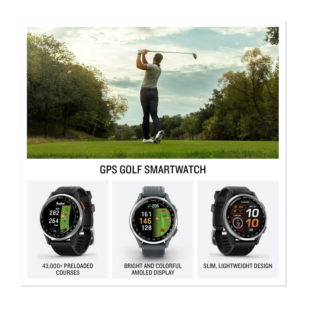 Garmin Approach S44 GPS Golf Smartwatch (Silver Bezel/Black Band) Bundle with T710 Earbuds