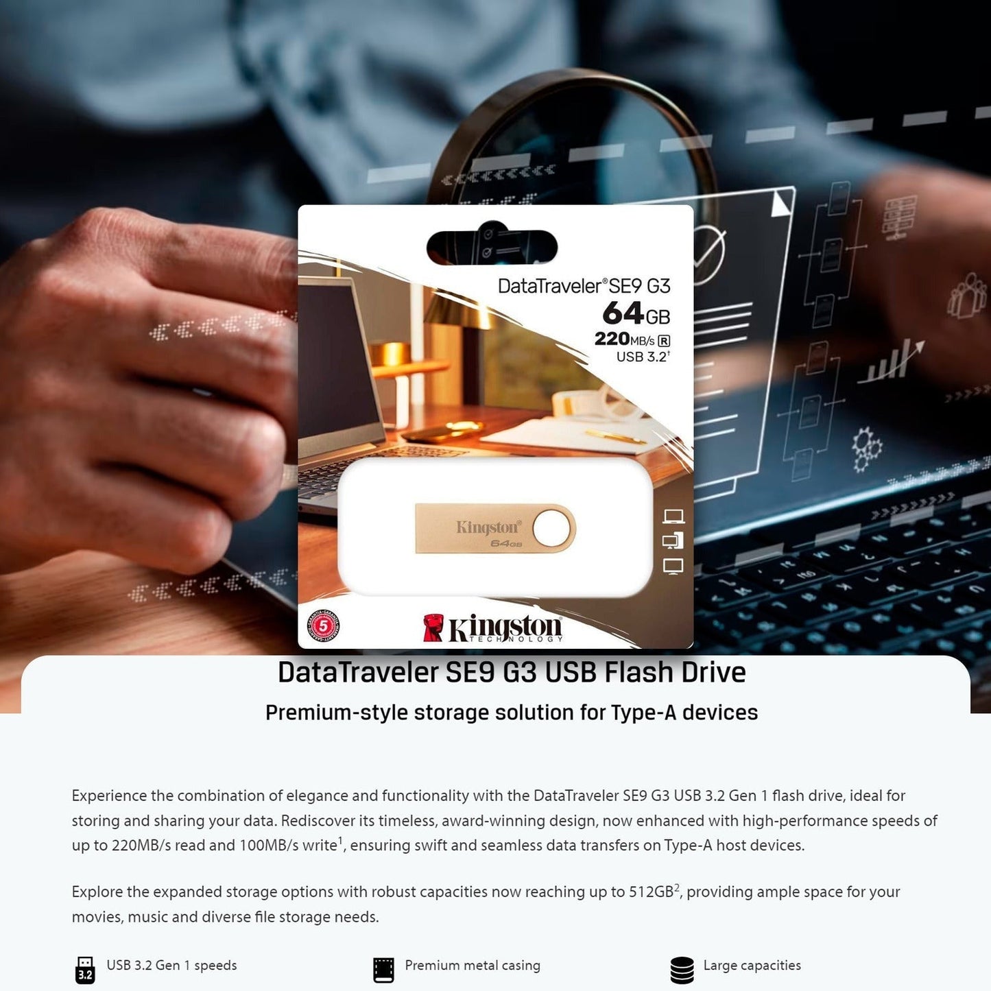 Kingston DataTraveler SE9 G3 USB 3.2 220MBPS Read Speed Flash Drive (5-Pack) and Keyring Set Bundle