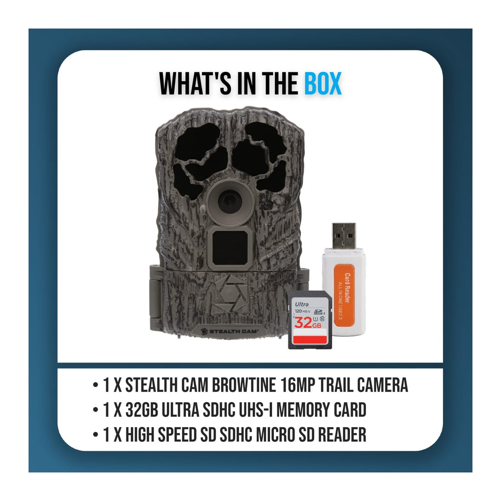 Stealth Cam Browtine 16MP Trail Camera Bundle with 32GB Memory Card and High-Speed Card Reader