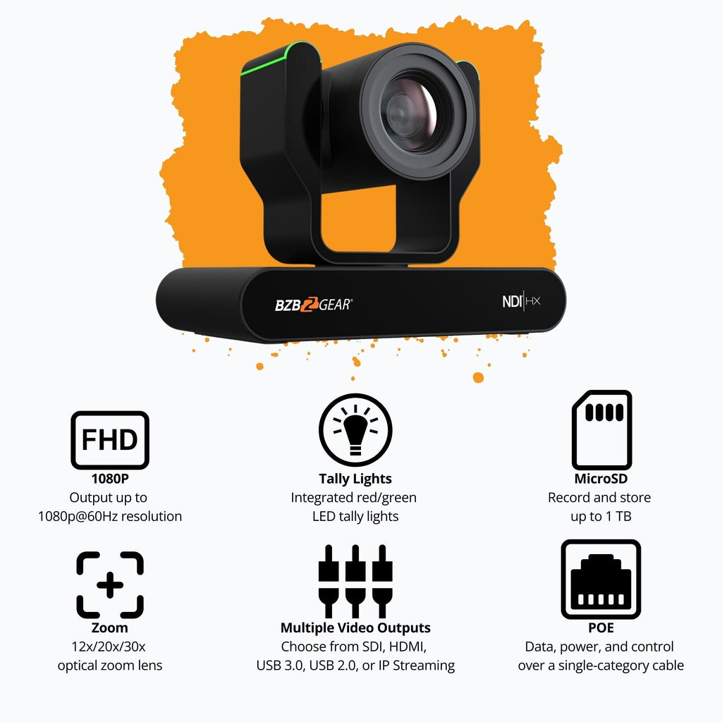 BZBGear 1080P 20x Zoom NDI 1TB PTZ Auto-Tracking and Live Streaming Camera (Black) Bundle