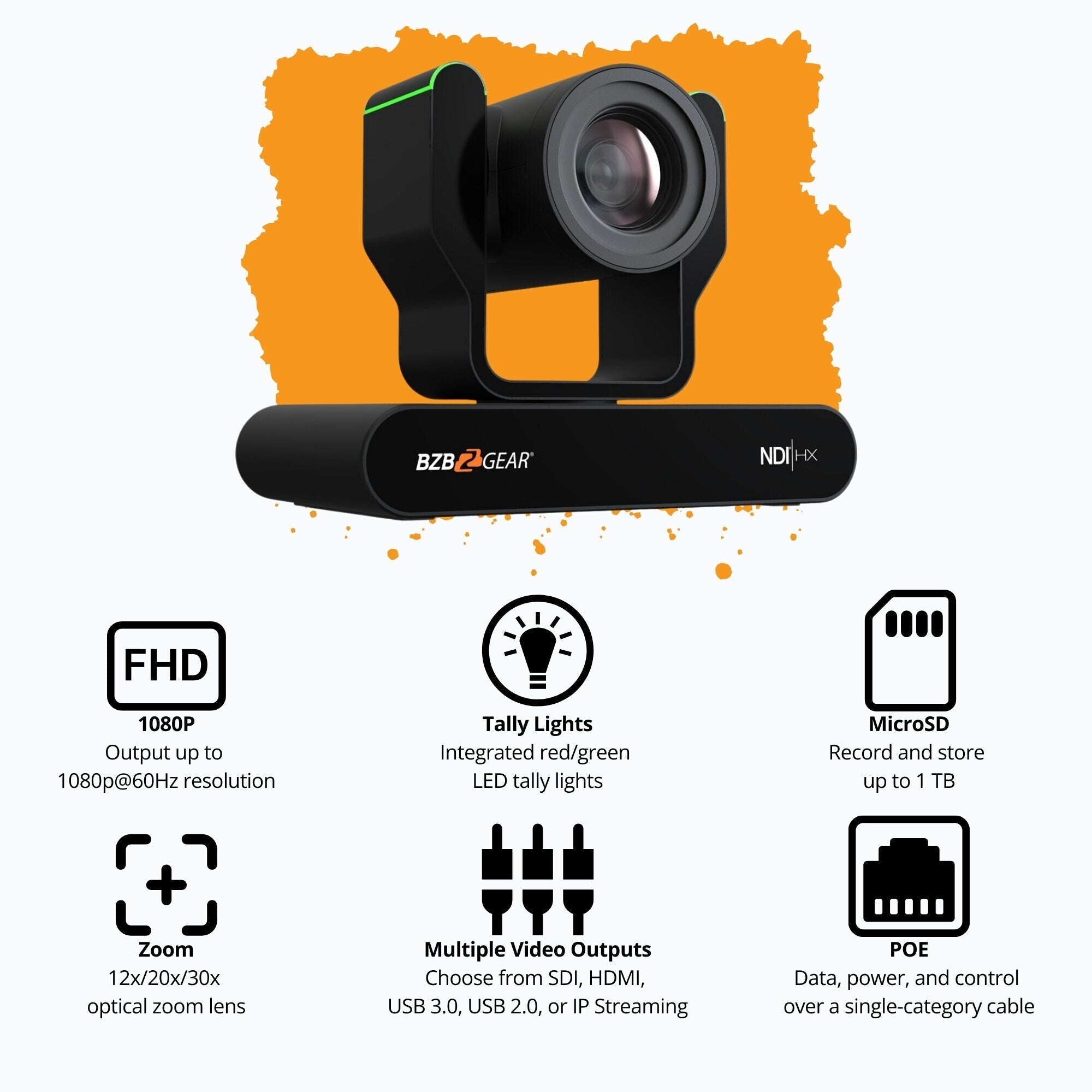 BZBGear 1080P 20x Zoom NDI 1TB PTZ Auto-Tracking and Live Streaming Camera (Black) Bundle