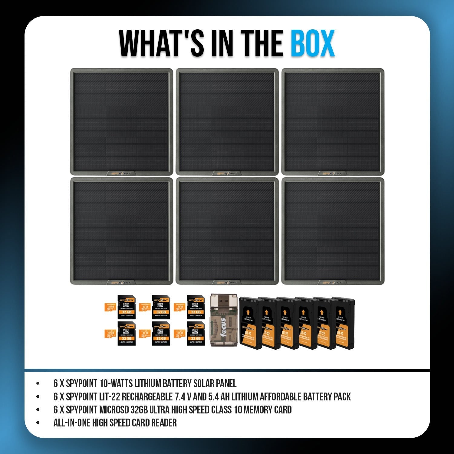 Spypoint 10W Solar Panel (6-Pack) with Battery Pack, Memory Card and Card Reader Bundle