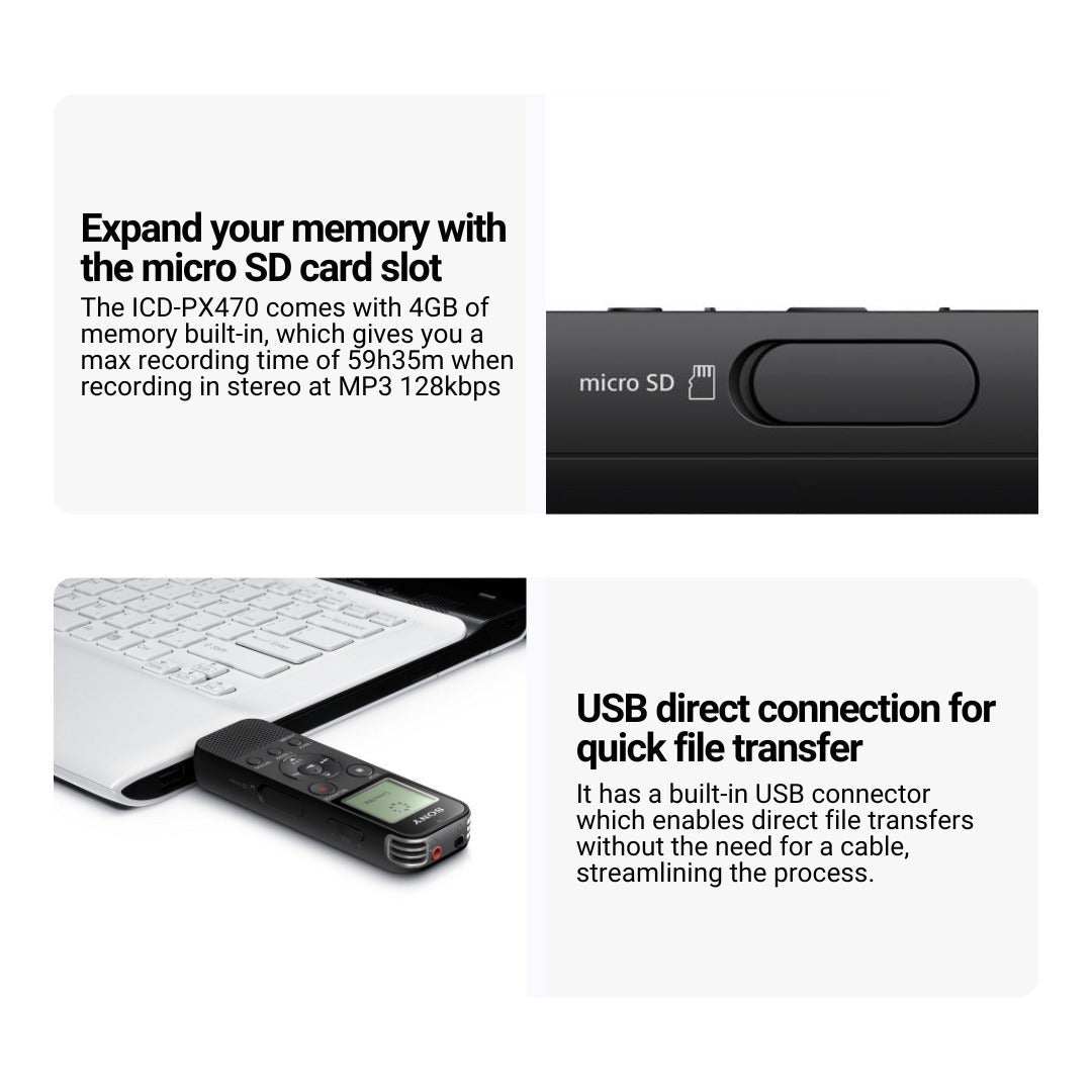 Sony ICDPX470 Digital Built In USB Voice Recorder with Earbud Headphone Bundle