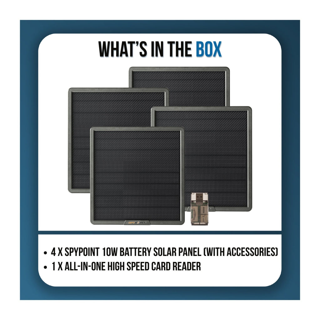 Spypoint SPLB-22 10-Watts Lithium Battery Solar Panel Bundle with High-Speed Card Reader (4-Pack)