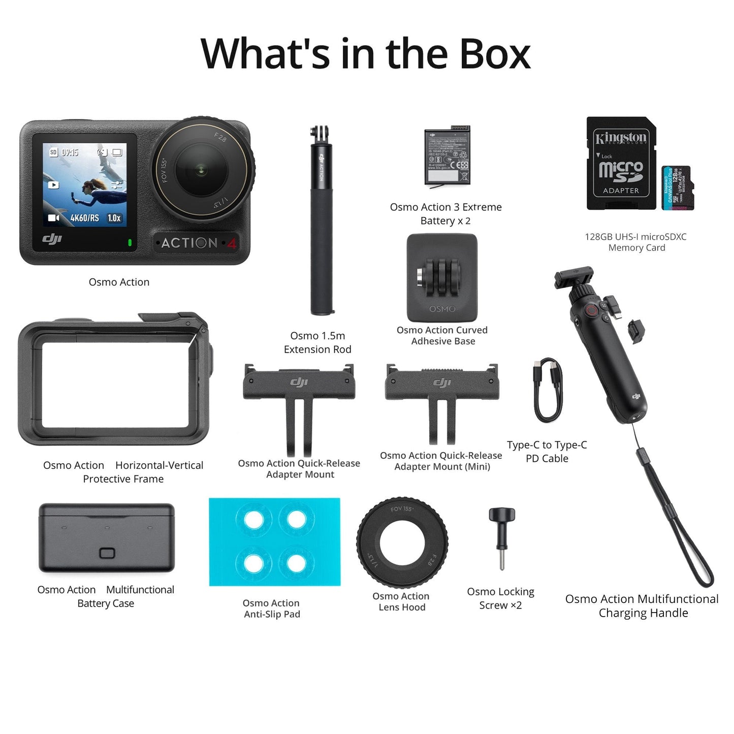 DJI Osmo Action 4 Camera Adventure Combo with Charging Handle & 128GB SD Card Bundle