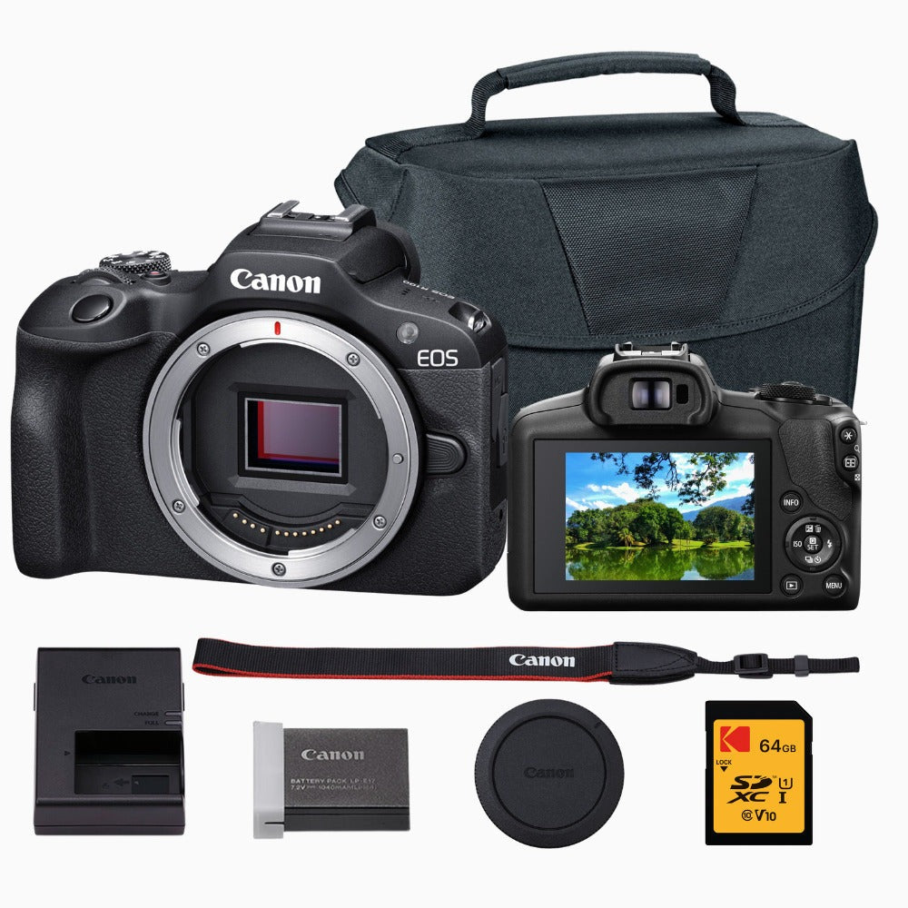 Canon EOS R100 Mirrorless Camera with Gadget Bag and Memory Card Bundle