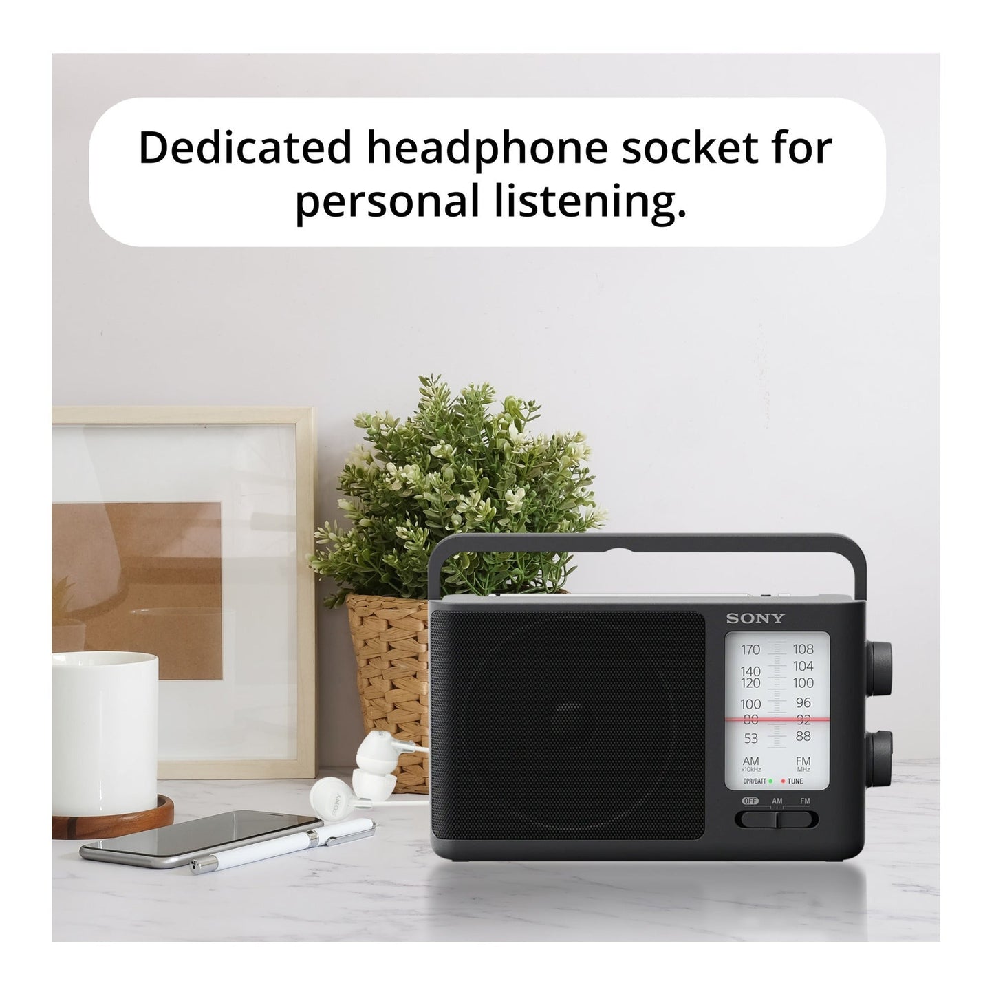 Sony ICF506 Portable Radio with AA (4-pack) and In-Ear Earbud Headphones Bundle