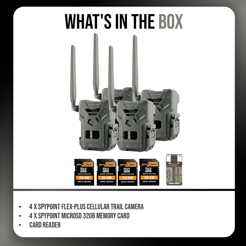 Spypoint FLEX-PLUS Cellular Trail Camera with Memory Card (4-Pack) and Reader