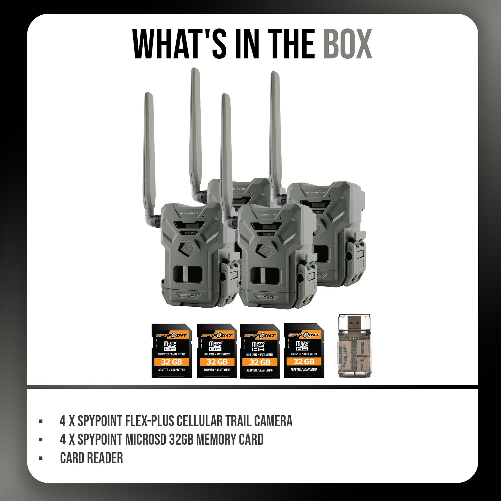 Spypoint FLEX-PLUS Cellular Trail Camera with Memory Card (4-Pack) and Reader