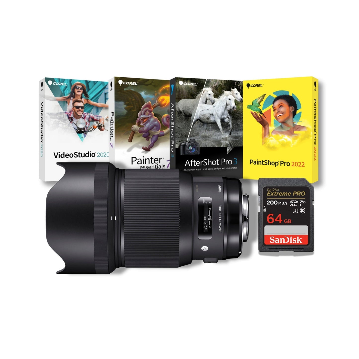 Sigma 85mm f/1.4 DG HSM Art Lens for Nikon F + Corel Software + SanDisk 64GB Memory Card Kit