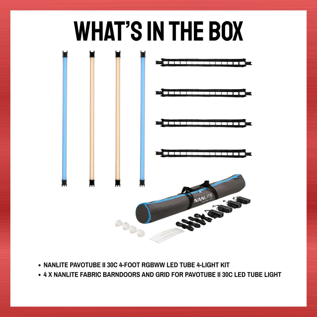 Nanlite PavoTube II 30C 4' LED Tube 4-Light Kit with Fabric Barndoors and Grid