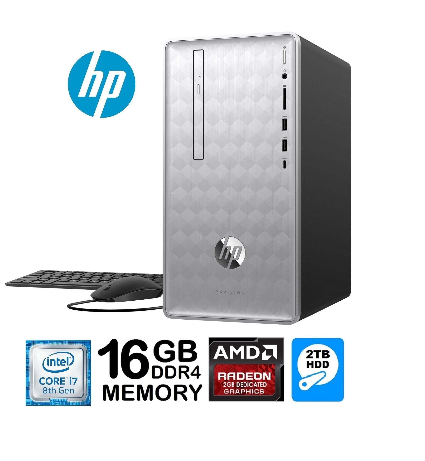 HP Pavilion 590 Desktop PC, Intel Core i7-8700, 16GB RAM, 2TB HDD, AMD Radeon 2GB, Windows 10 (Certified Refurbished)