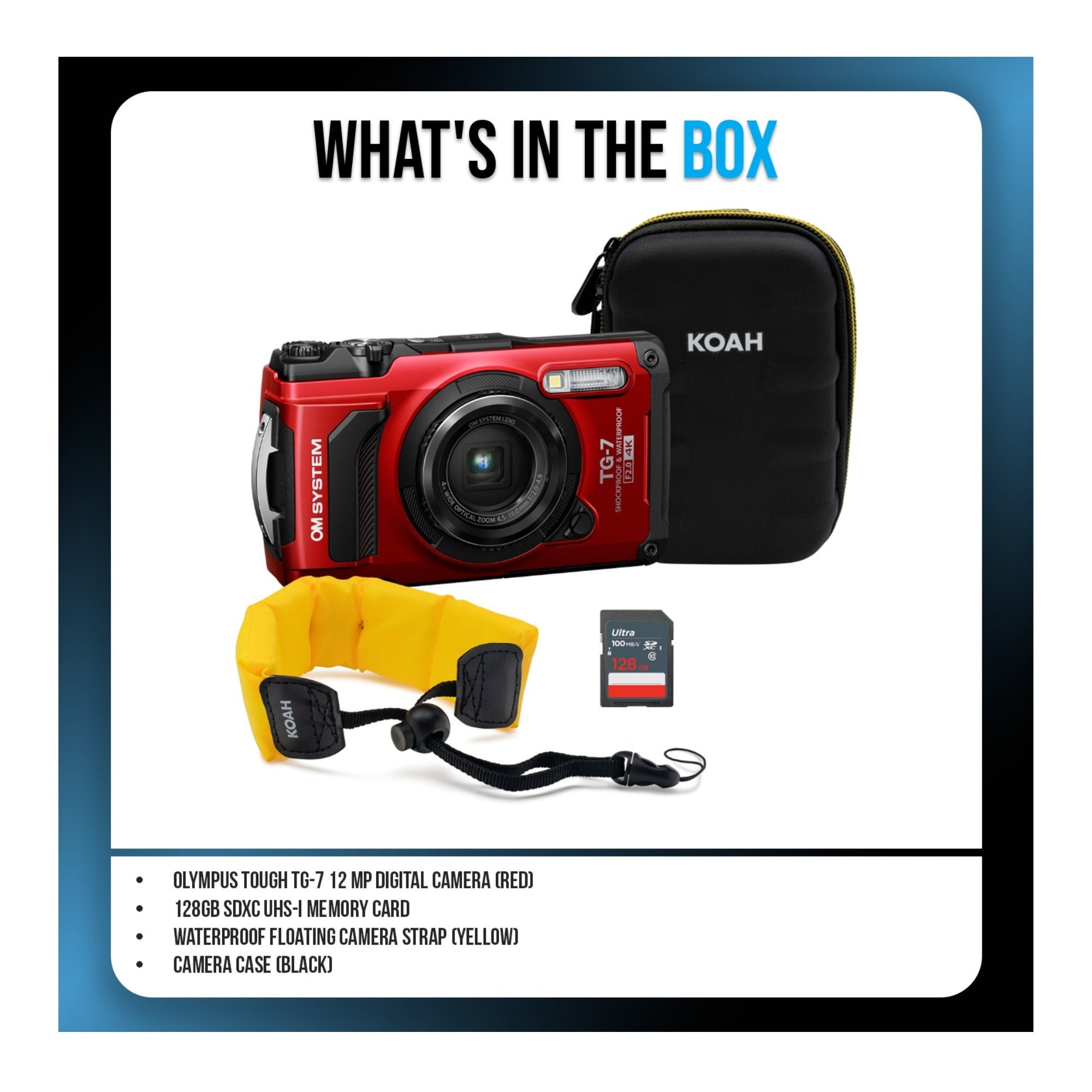 OM SYSTEM Tough TG-7 Digital Camera (Red) Bundle with 128GB Memory Card, Strap and Case