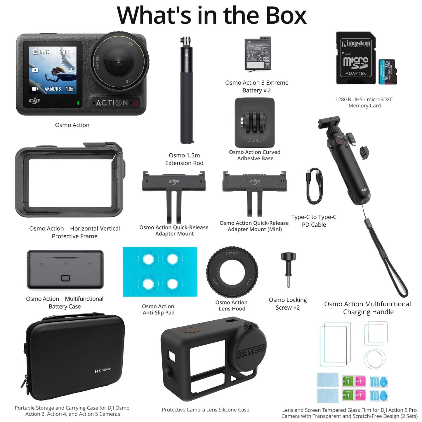 DJI Osmo Action 4 Camera Adventure Combo with Charging Handle, 128GB SD Card, Case, & Protectors