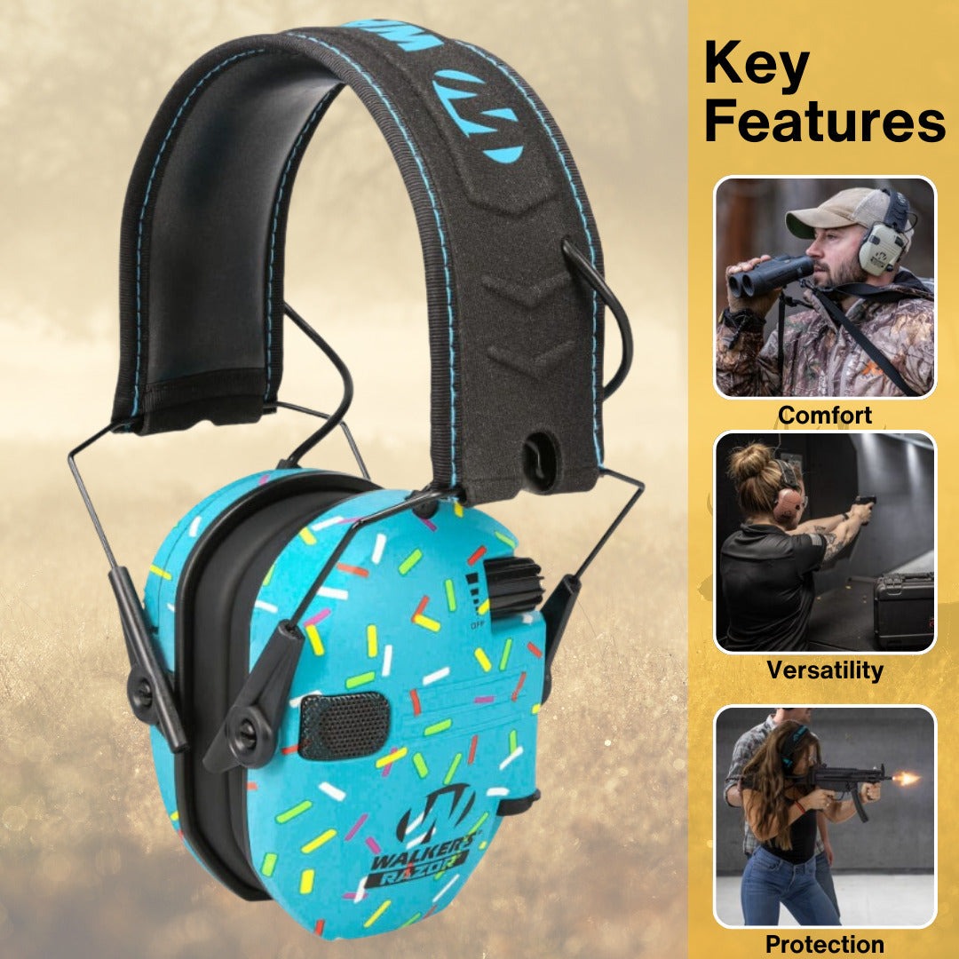 Walker's Razor Digital Ear Muffs (Blue Sprinkles) Bundle with Accessories