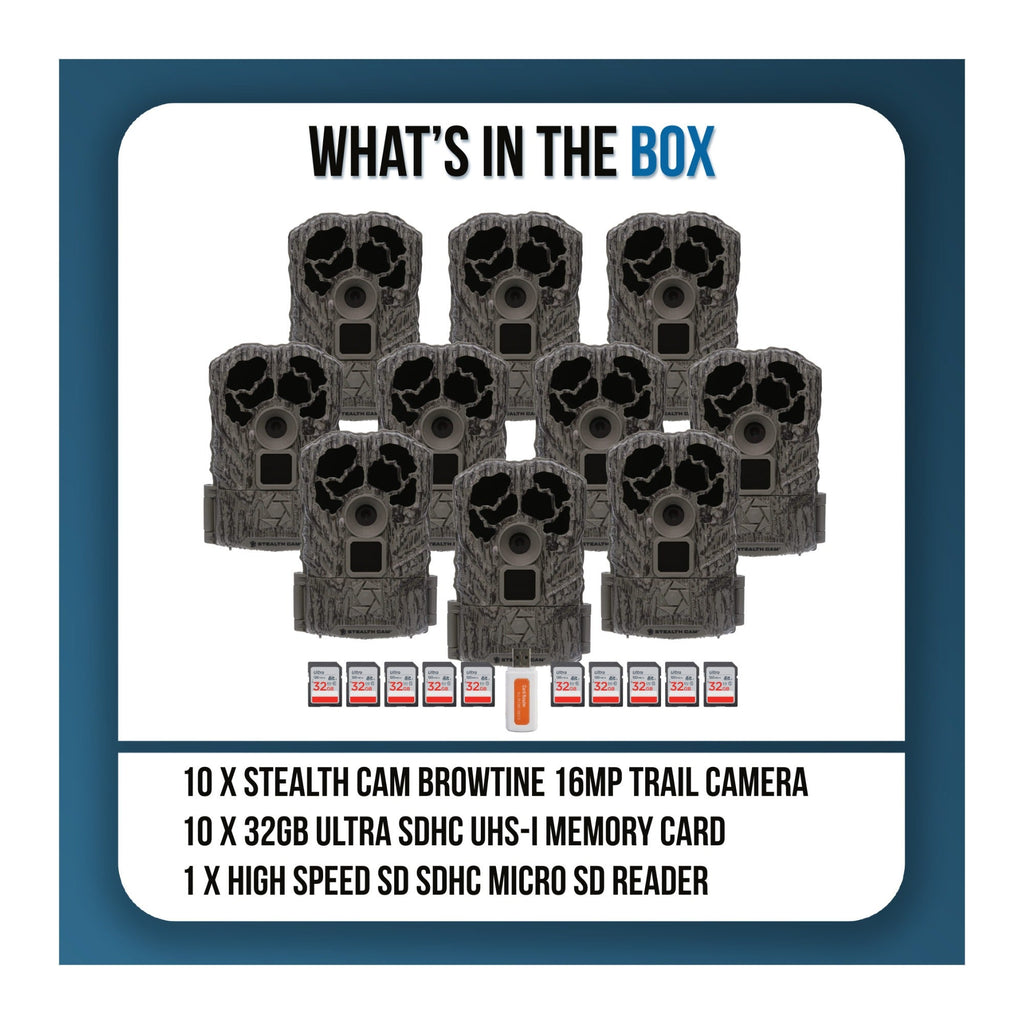 Stealth Cam Browtine Trail Camera Bundle with 32GB Memory Card and Card Reader (10-Pack, 21 Items)