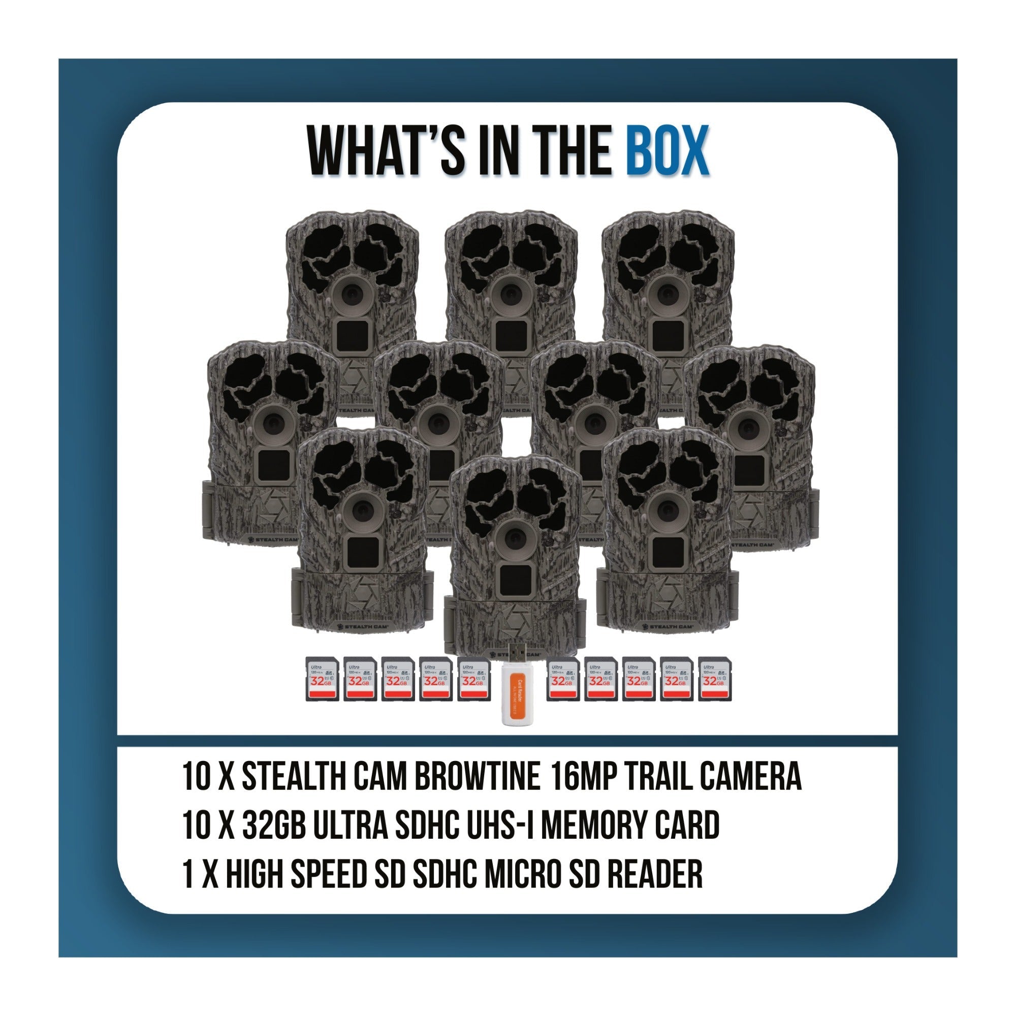 Stealth Cam Browtine Trail Camera Bundle with 32GB Memory Card and Card Reader (10-Pack, 21 Items)
