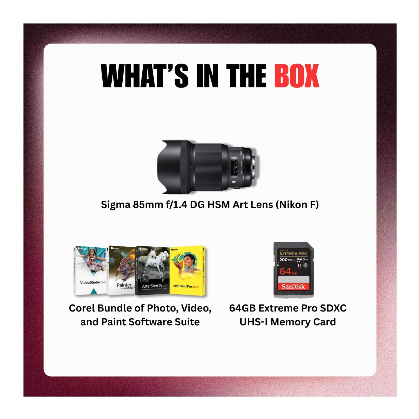 Sigma 85mm f/1.4 DG HSM Art Lens for Nikon F + Corel Software + SanDisk 64GB Memory Card Kit