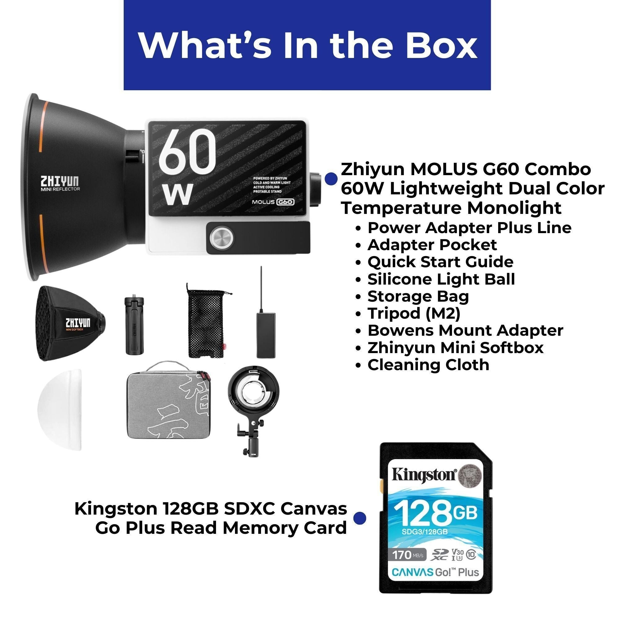 Zhiyun MOLUS G60 Bi-Color Pocket COB Monolight - 60W Power Output with 128GB Memory Card