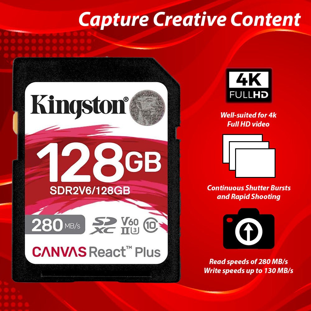 Kingston Canvas React Plus V60 UHS-II 128GB SD Memory Card (2-Pack) with Card Reader Bundle