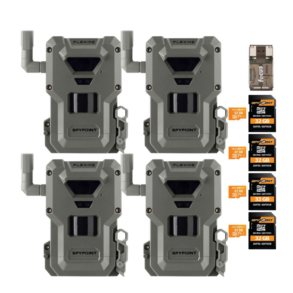 Spypoint FLEX-M2 Trail Camera (4-Pack) with Memory Card and Card Reader Bundle