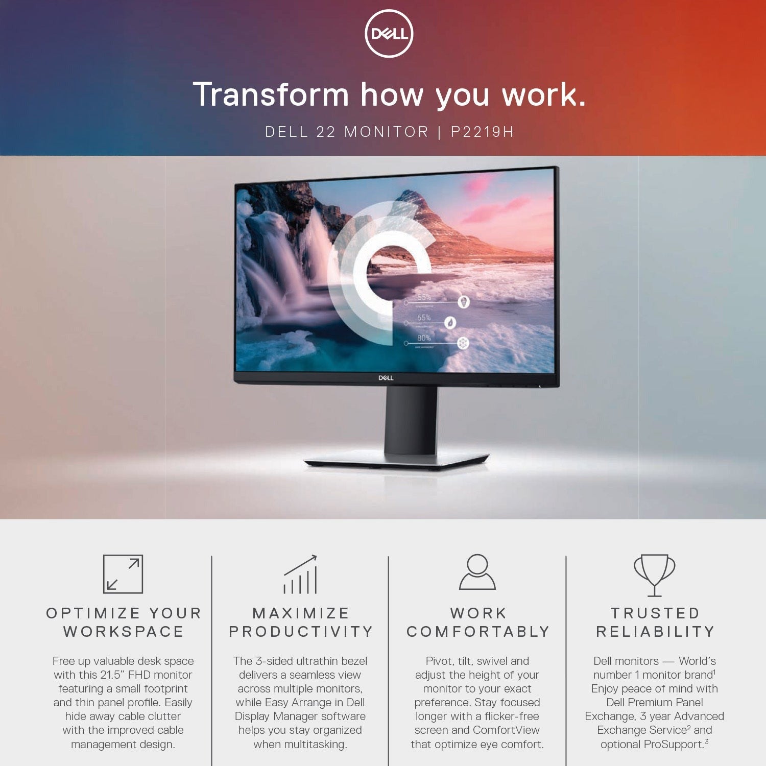 Dell P2219H 21.5" FHD IPS Monitor, Black/Silver, HDMI Cable Bundle (Refurbished)