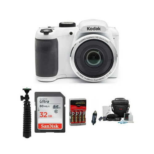Kodak PIXPRO AZ252 Digital Camera (White) with 32GB SD Card and Tripod Bundle
