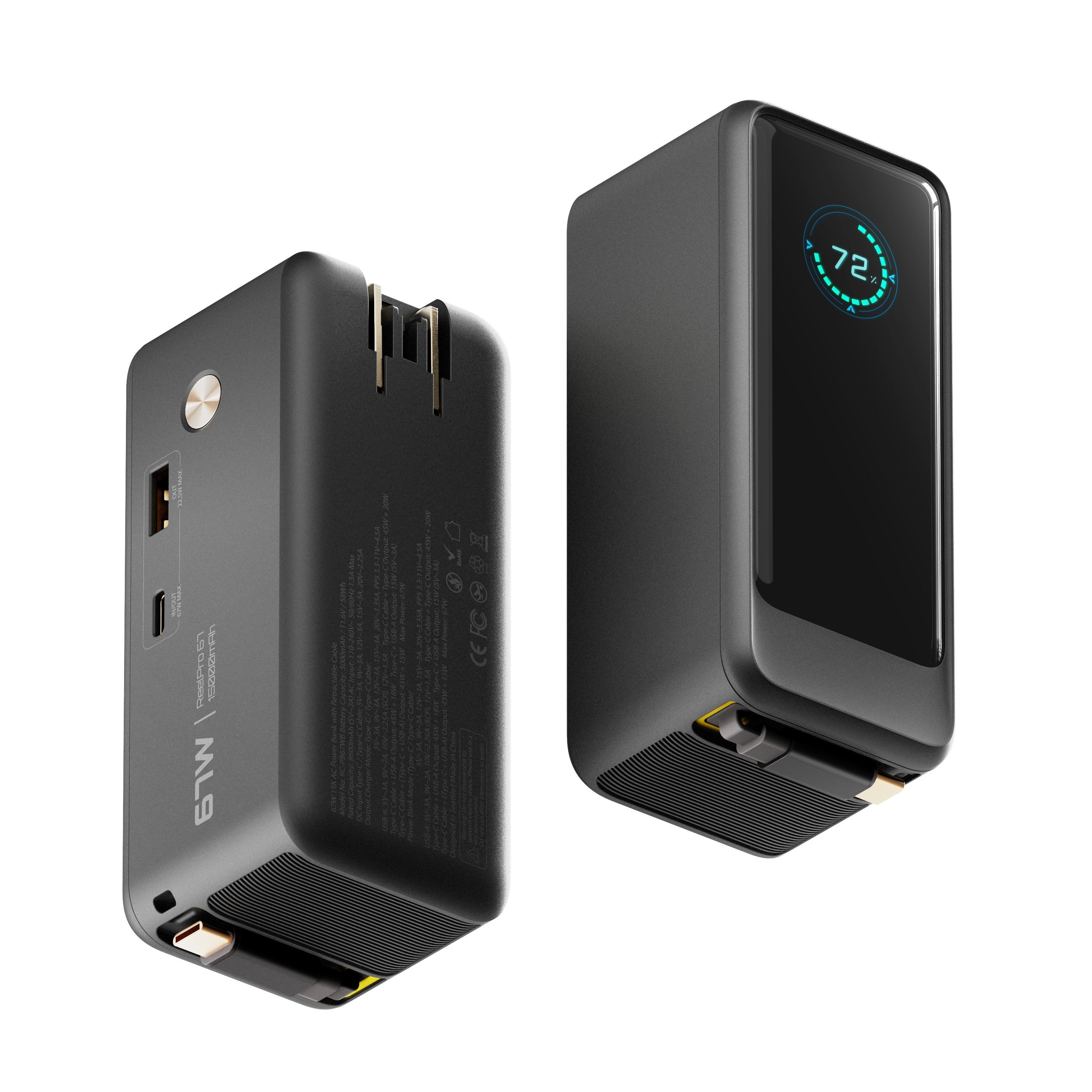 ReelCharge ReelPro 15,000 mAh Power Bank with Retractable 67W USB-C (Black)
