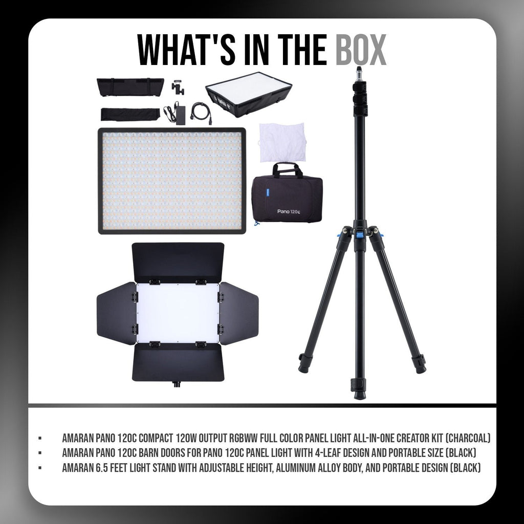 amaran Pano 120c 120W RGBWW Full Color Panel Charcoal Light Creator Kit Bundle