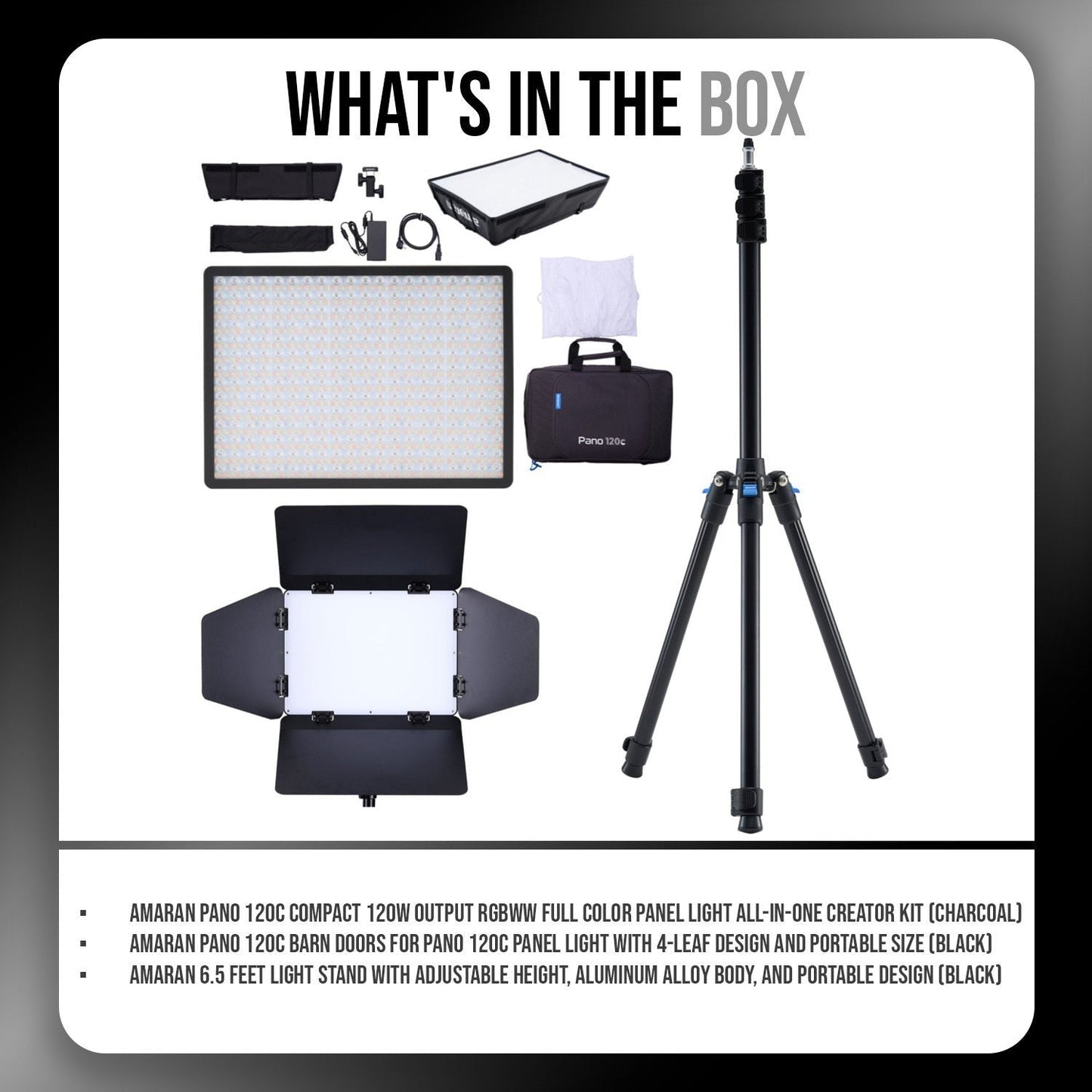 amaran Pano 120c 120W RGBWW Full Color Panel Charcoal Light Creator Kit Bundle