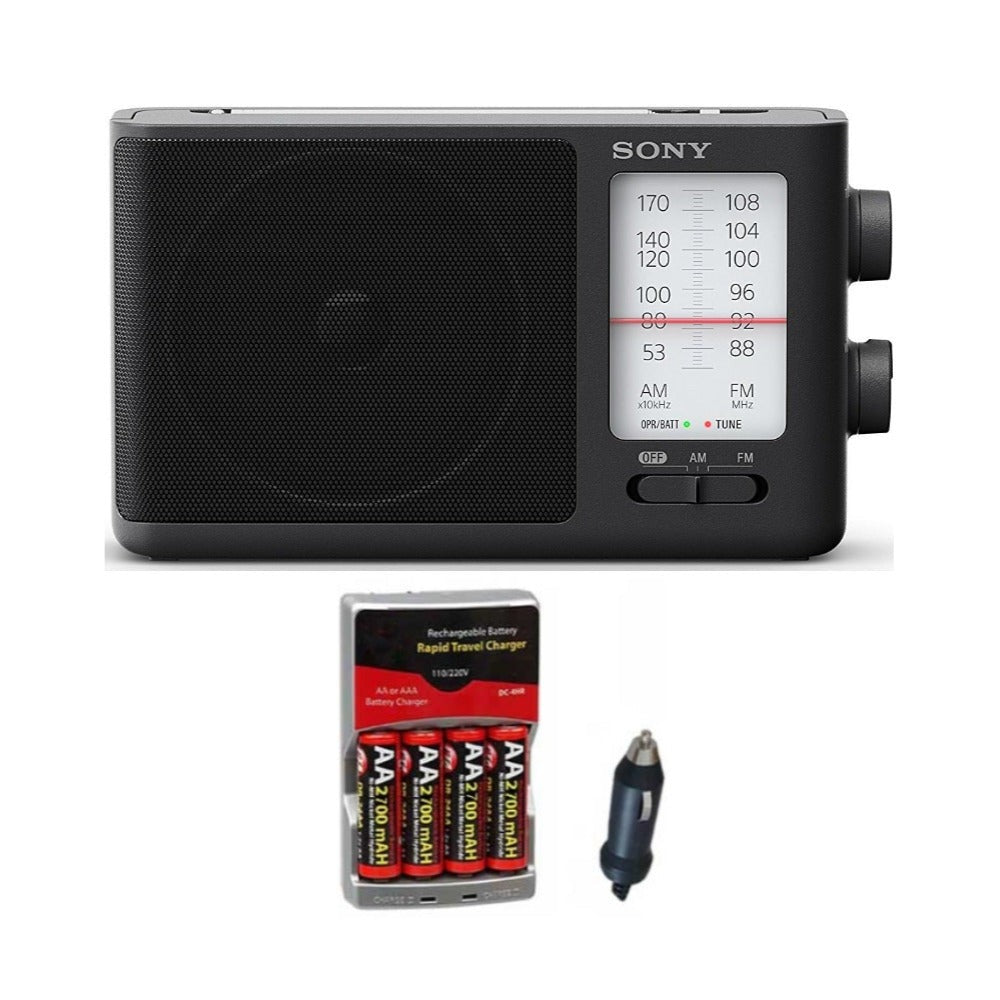 Sony ICF506 Portable Radio with Rechargeable AA Batteries and Charger Bundle