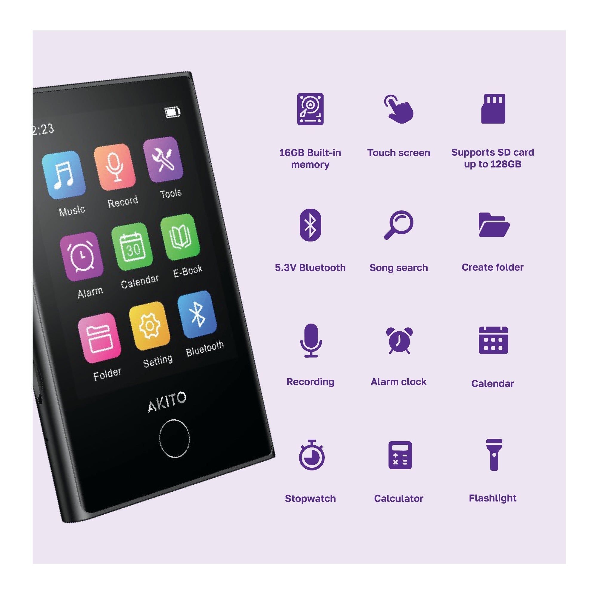 Akito X-POD Smart Bluetooth MP3 Player with Wireless Earbuds and Charging Case