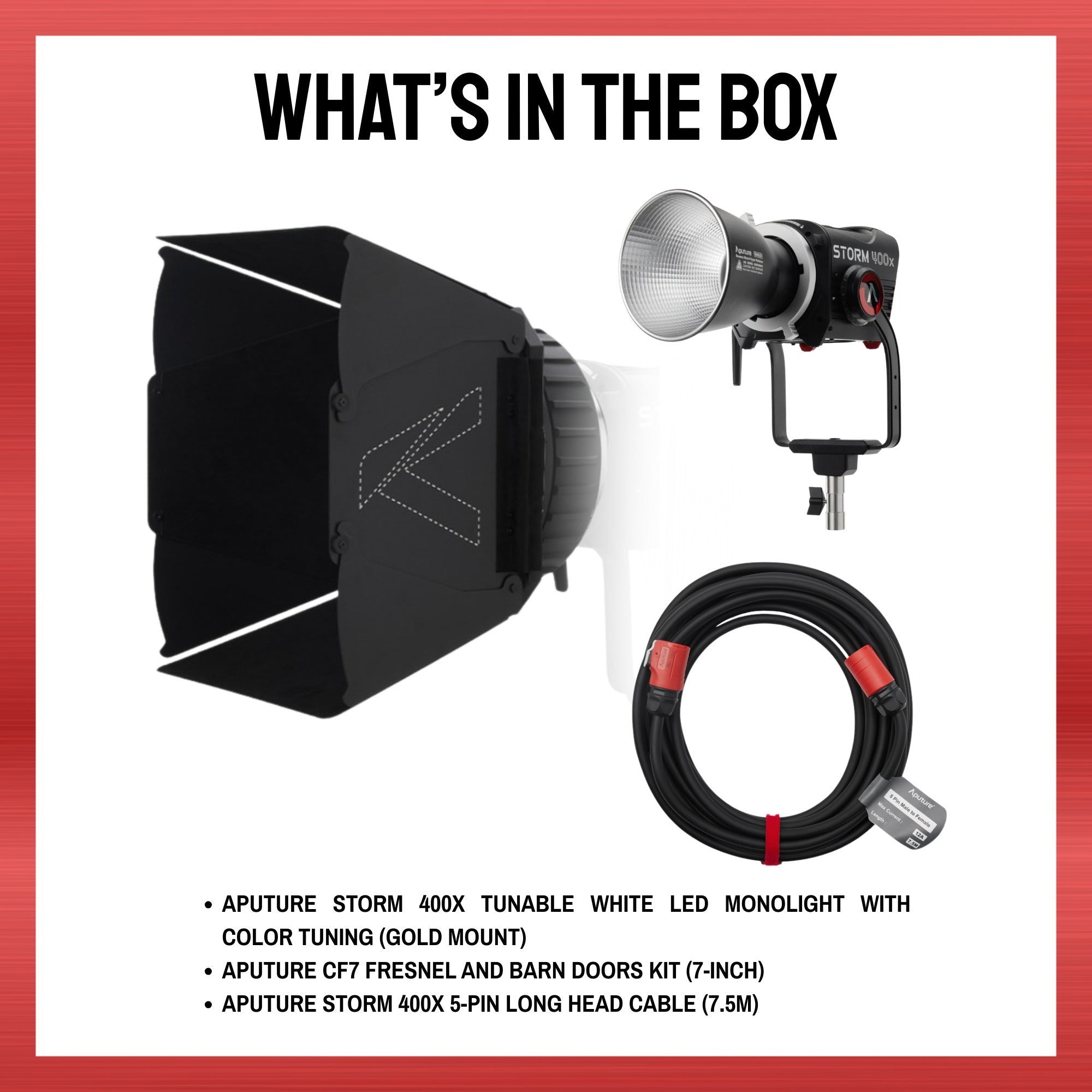 Aputure STORM 400x (A-Mount) with CF7 Fresnel and Barn Doors Kit Bundle