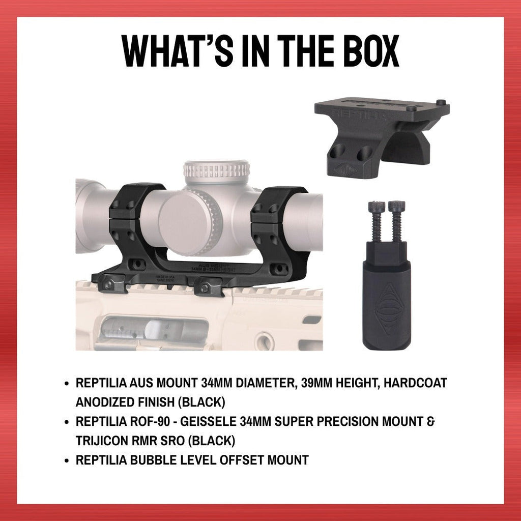Reptilia AUS 34mm 39mm Scope Mount Hardcoat Anodized (Black) Bundle with ROF-90 & Bubble Level