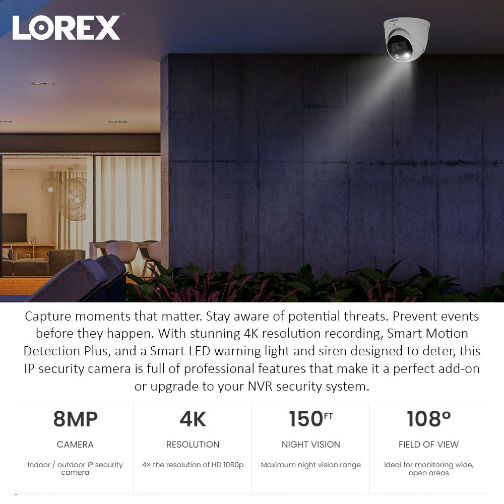 Lorex 4K 16 Camera Capable 2TB NVR Recorder with Four (4) 4K Smart Deterrence IP Dome Camera
