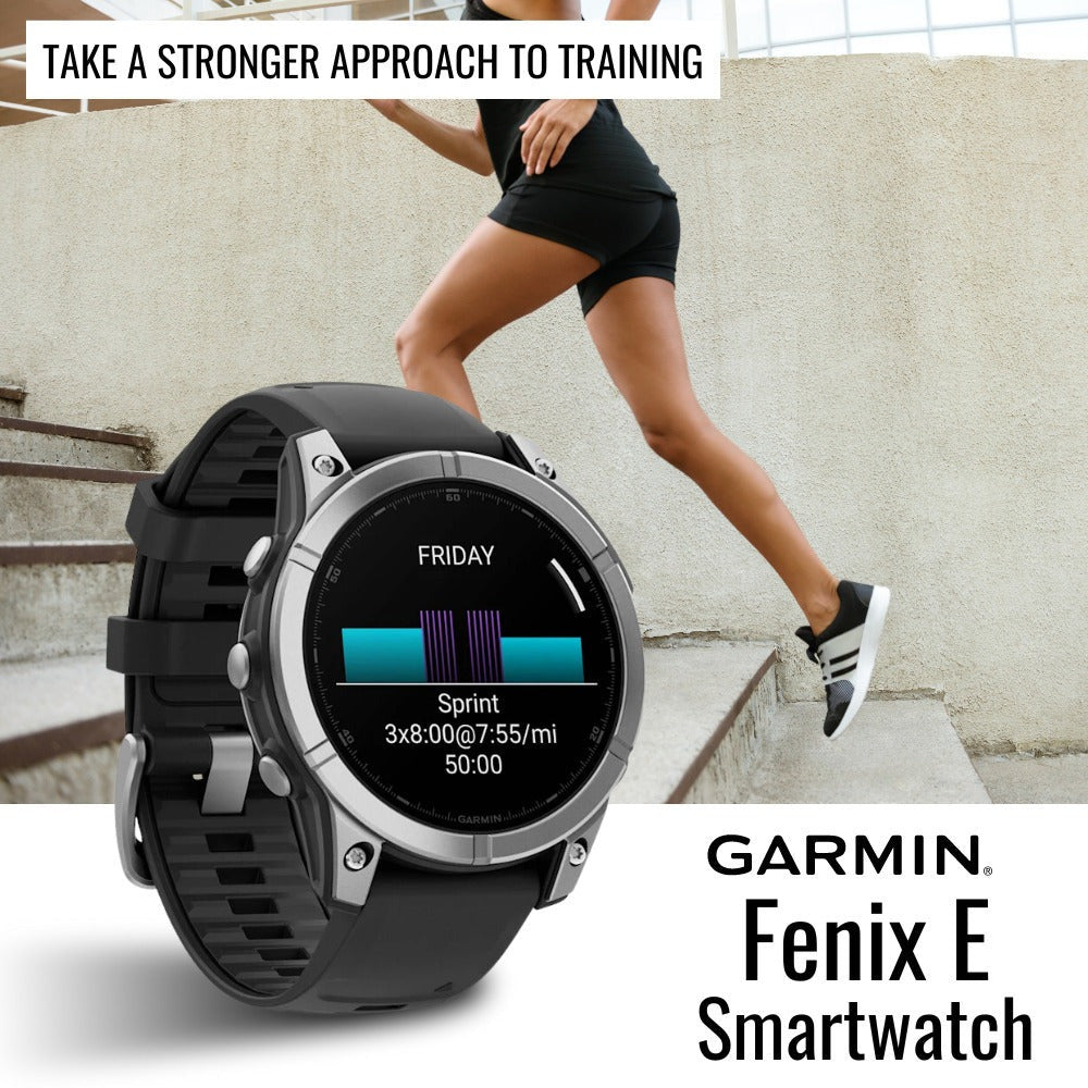 Garmin Fenix E 47mm AMOLED GPS Smartwatch (Slate Steel and Black) with Portable Charger Stand Bundle