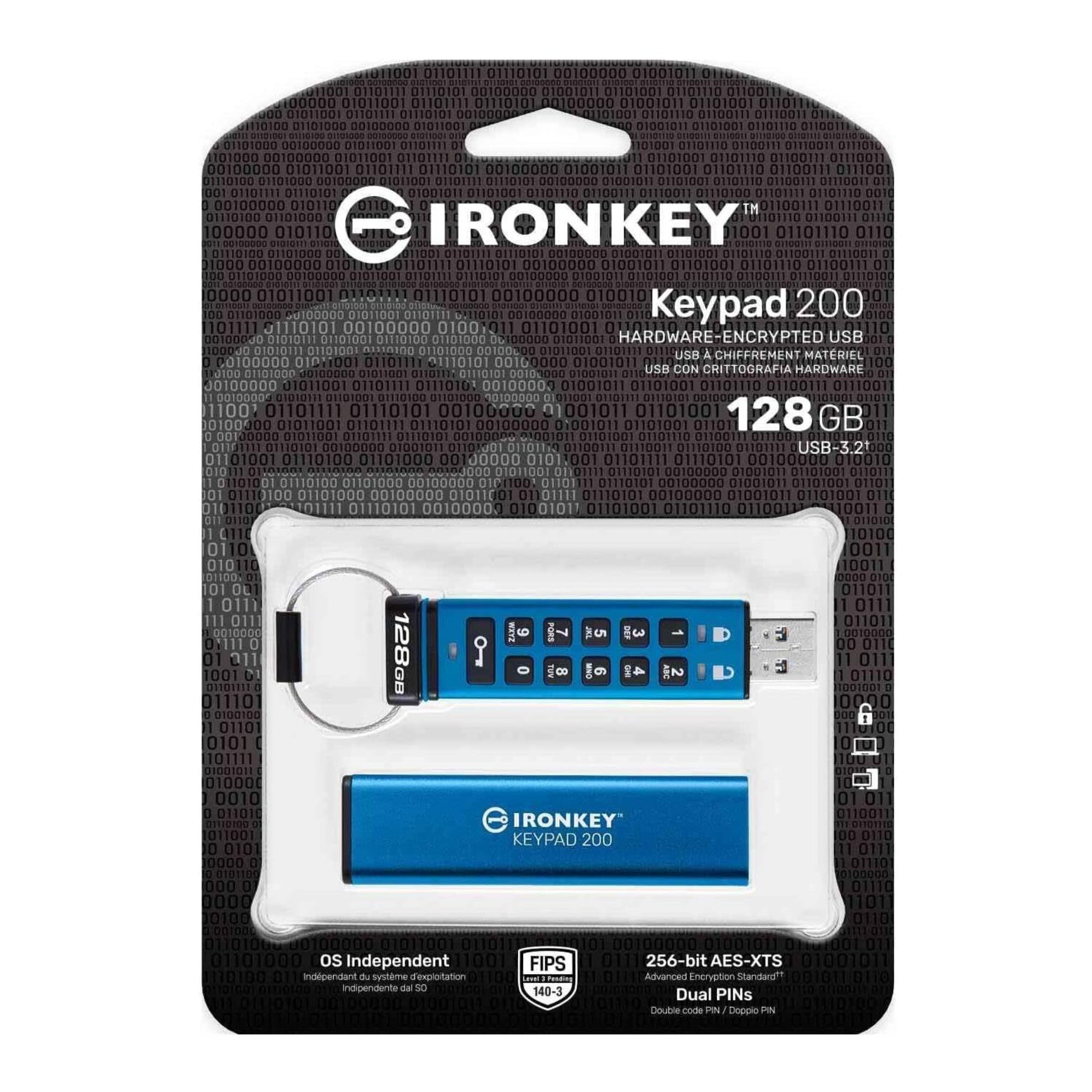 Kingston IronKey Keypad 200 Series 128GB USB-A Encrypted Flash Drive (Blue)