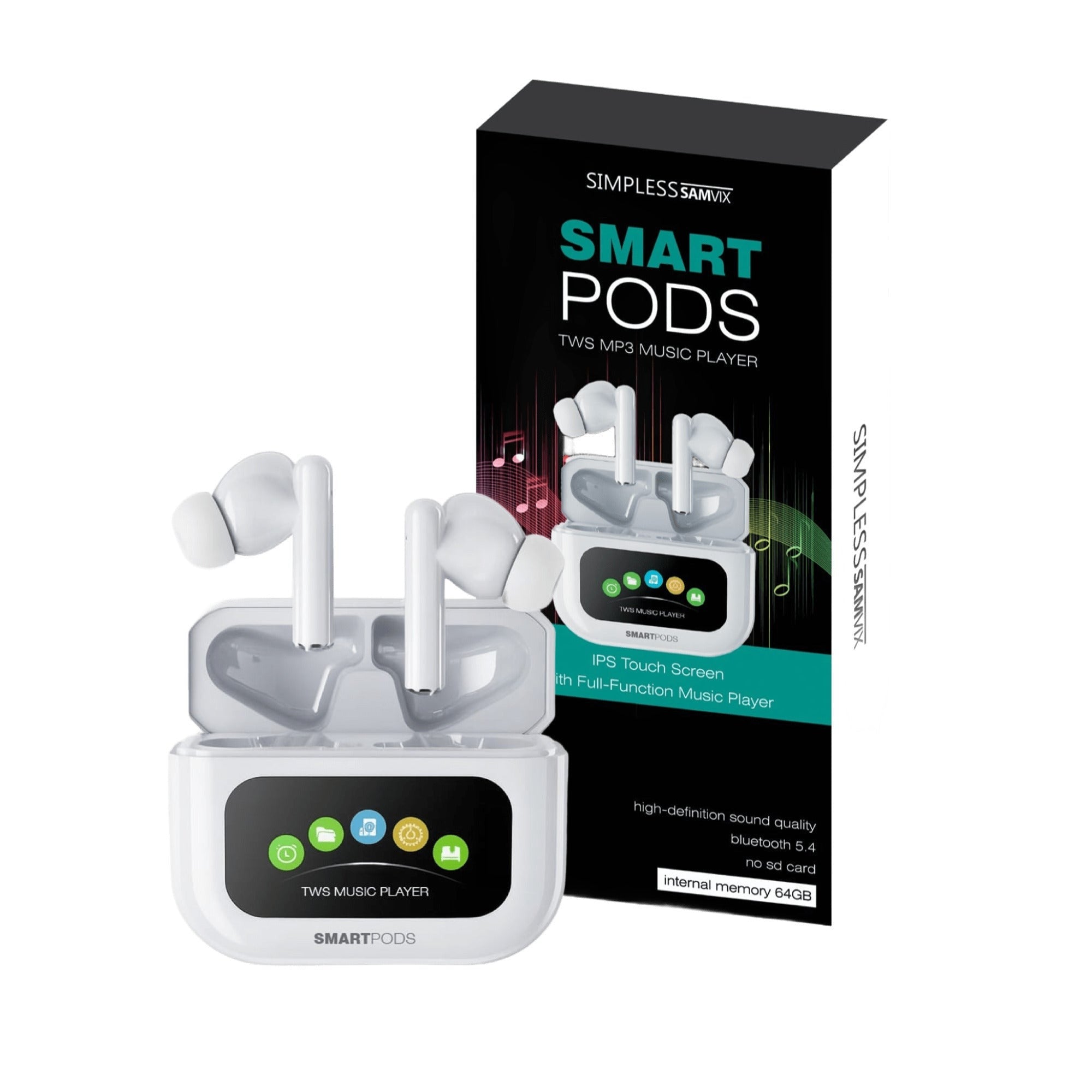 Samvix SmartPods Kosher MP3 Player EarPods with 64GB Memory (No SD Slot) (White)