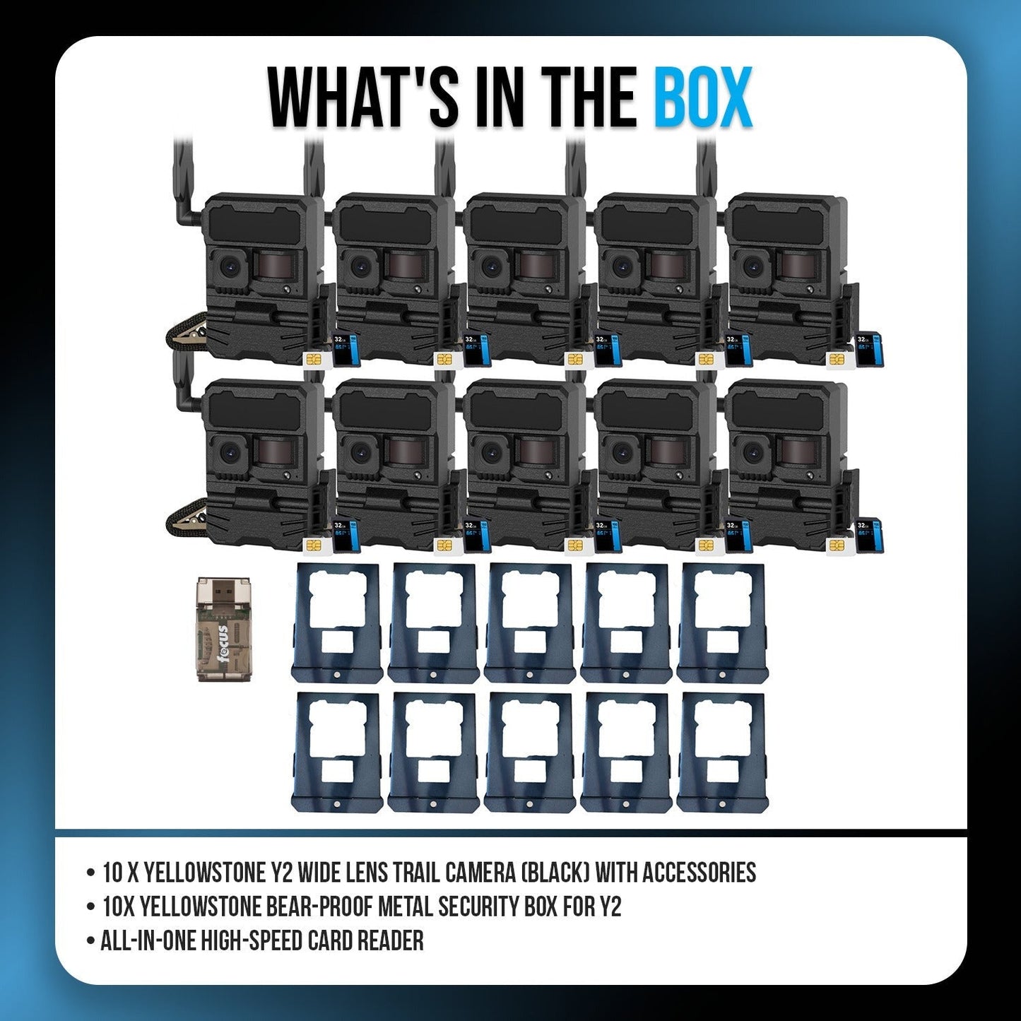 Yellowstone Y2 Black Wide Lens Trail Camera (10-Pack) with Security Box and Accs