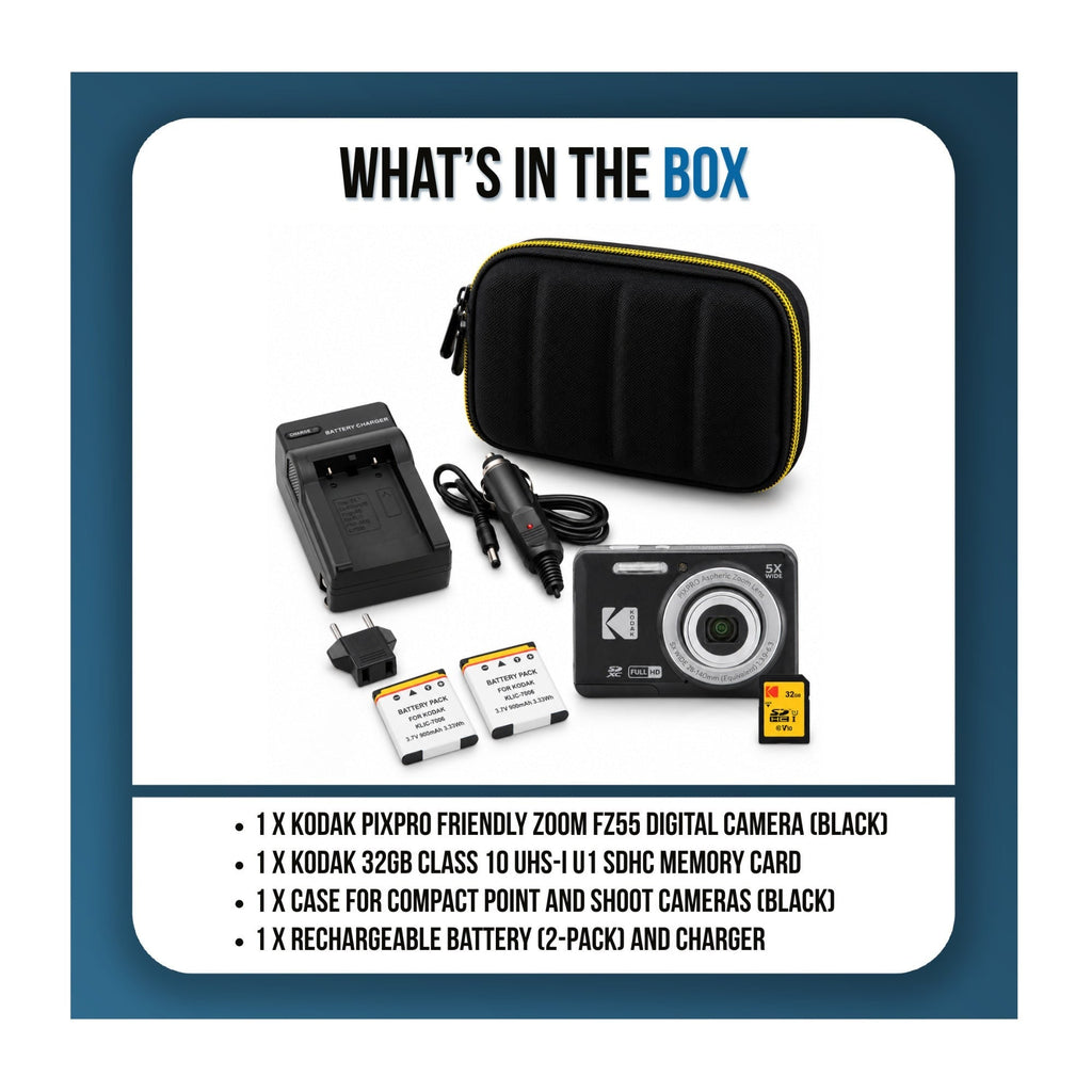 Kodak PIXPRO Friendly Zoom FZ55 Digital Camera (Black) Bundle with Case, Memory Card and Accessories